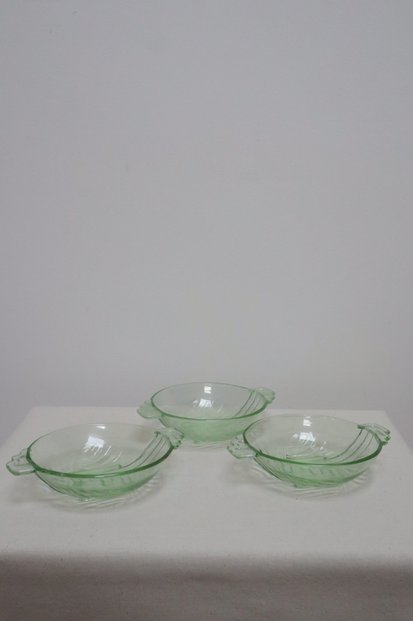 Vintage Green Vaseline/Uranium Glass Bowls x3 PC -Art Deco Stolle Niemen Styling