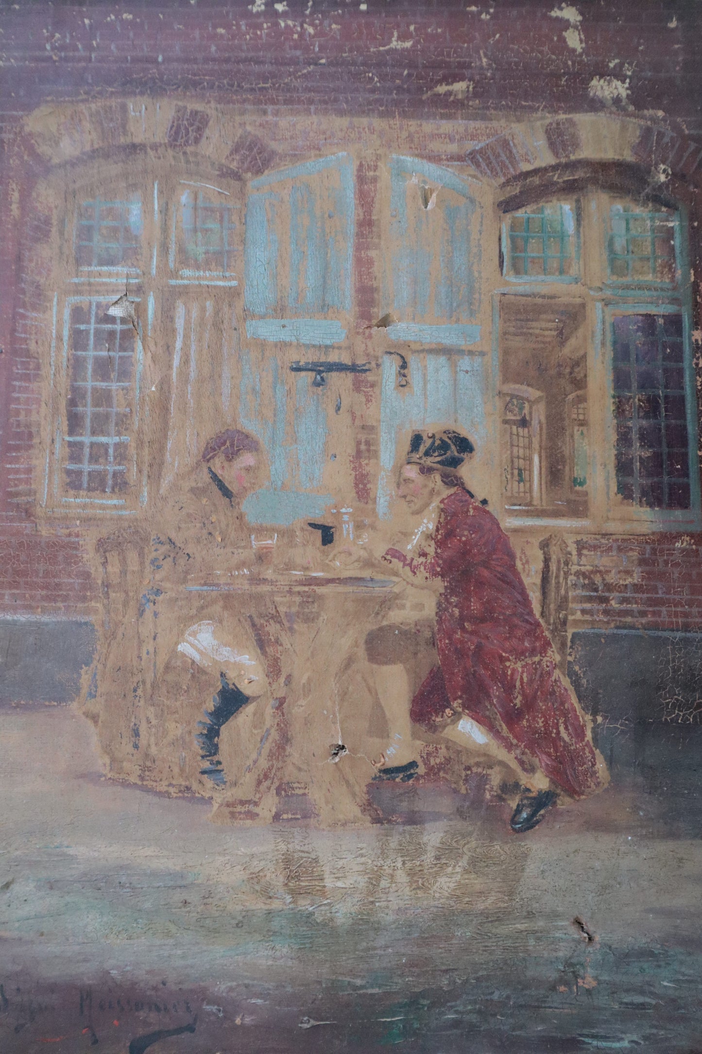 Oil painting of two figures outside a tavern