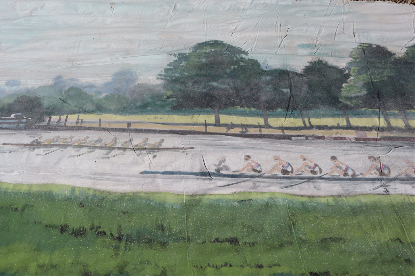 A painted or printed scene showing a church with a tall steeple beside a river, with a rowboat carrying several people on the water in the foreground.