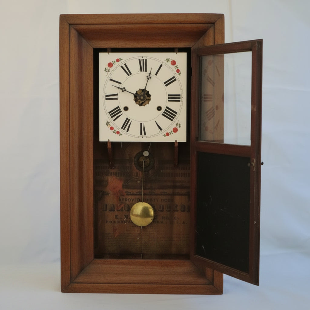 Wooden clock with a visible face on a white background