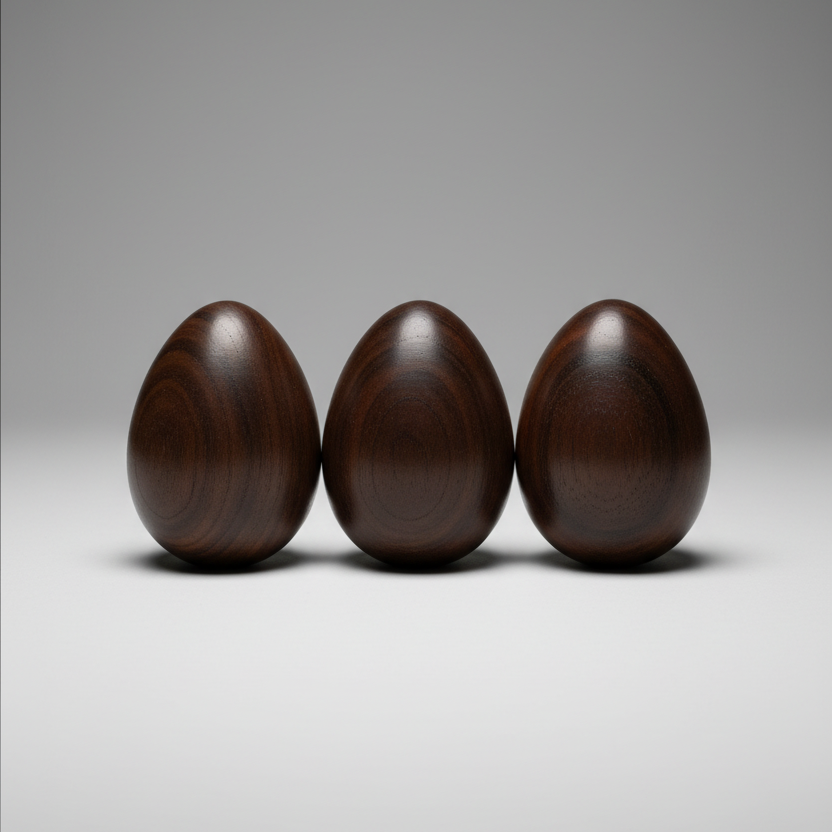 Three carved dark wooden eggs placed on a wooden surface against a neutral wall, showcasing smooth surfaces with no visible patterns or designs.