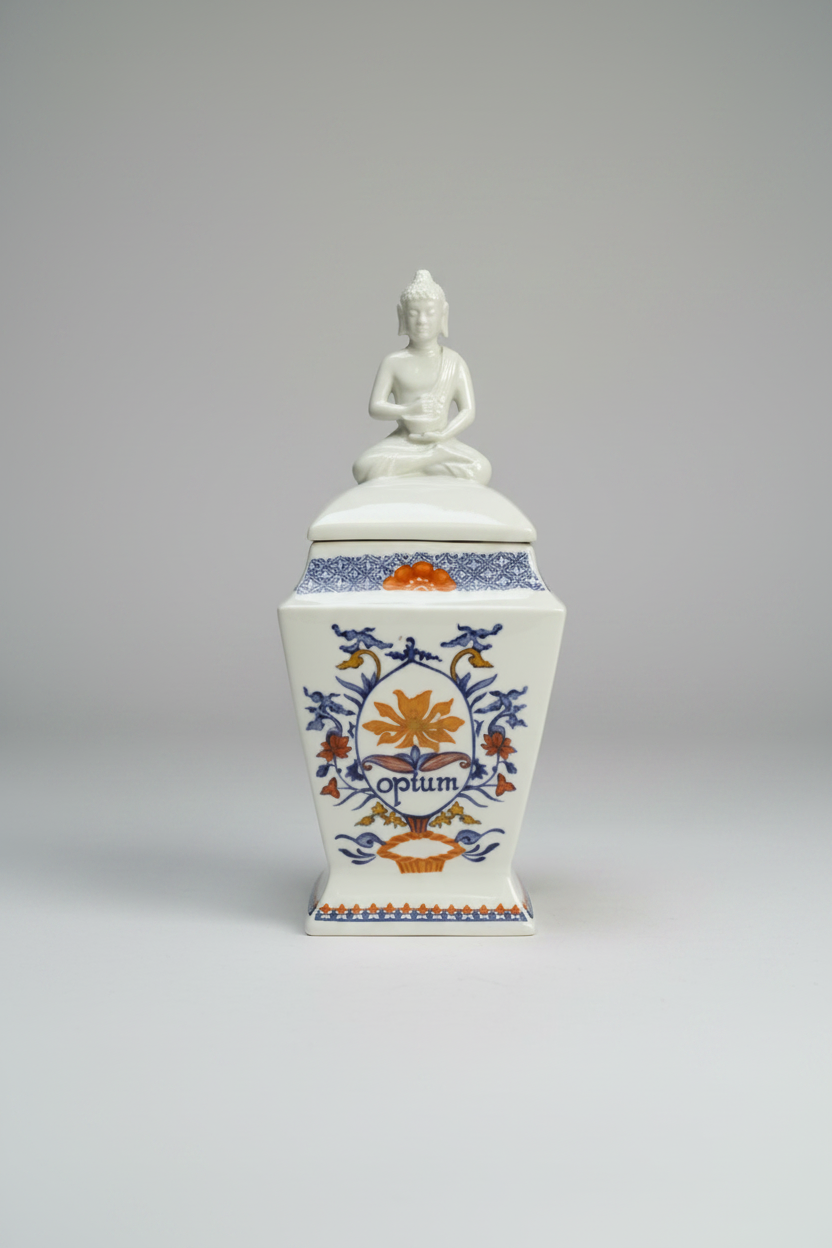 Ceramic lidded jar with Buddha