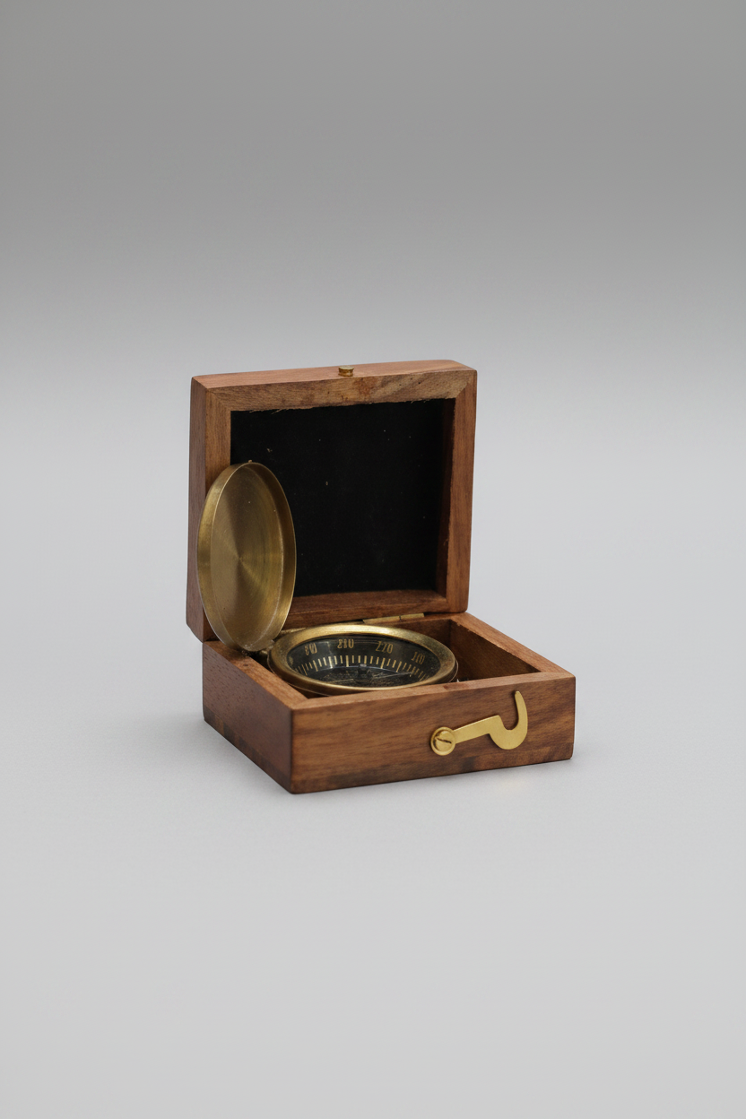 Brass compass in a wooden box on a reflective surface with a blurred background