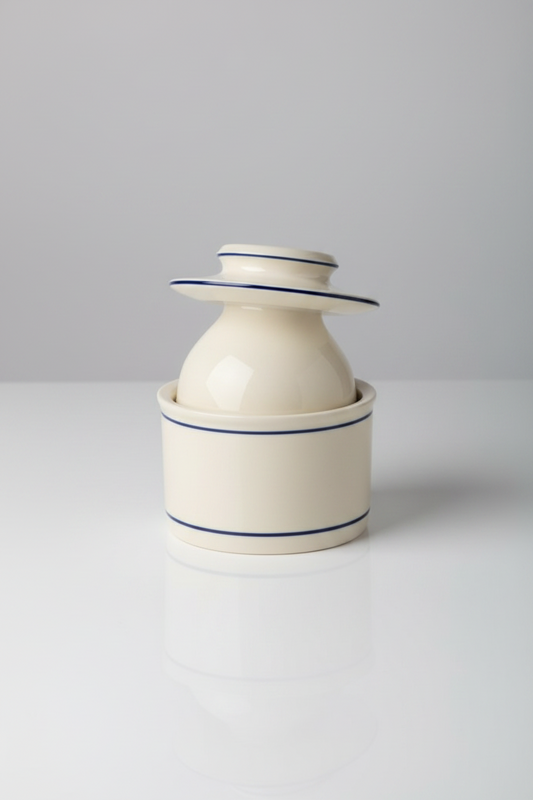 Hand holding a small ceramic jar with a lid on a light surface