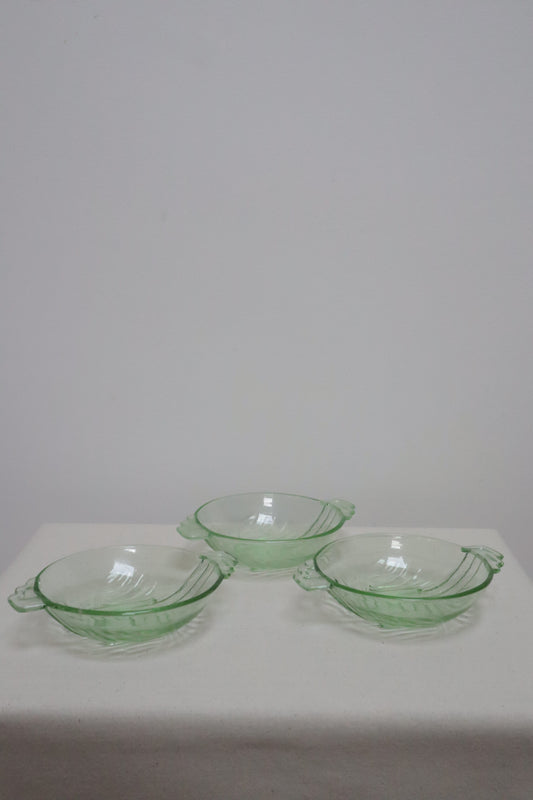 Vintage Green Vaseline/Uranium Glass Bowls x3 PC -Art Deco Stolle Niemen Styling