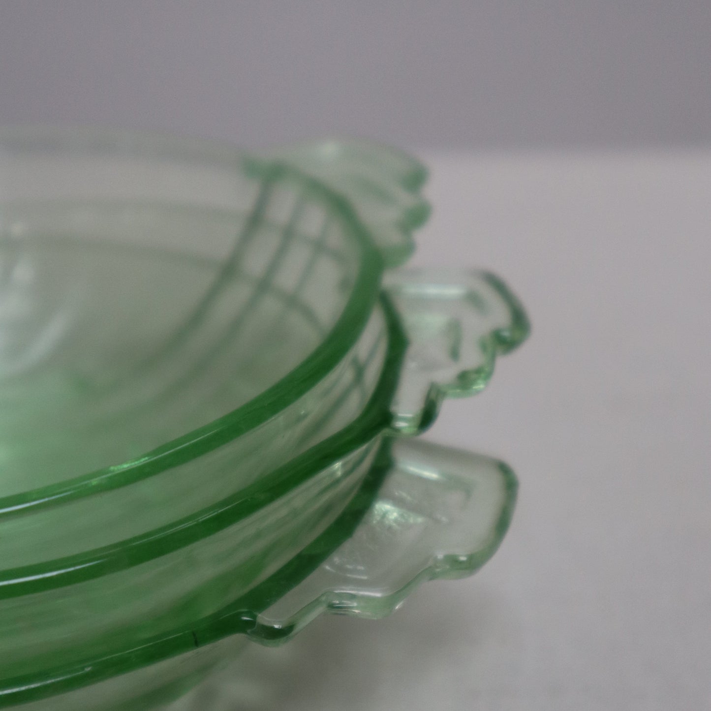 Vintage Green Vaseline/Uranium Glass Bowls x3 PC -Art Deco Stolle Niemen Styling
