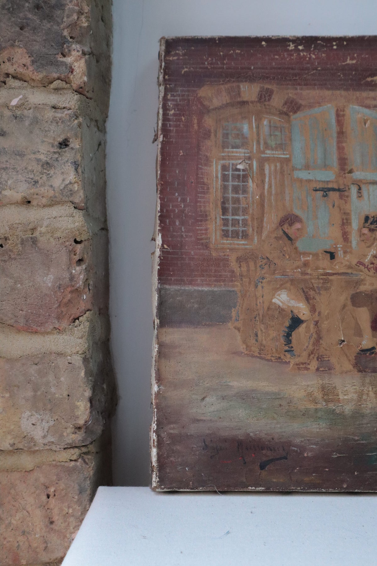 Vintage oil painting RSC theatre prop of two figures outside a tavern