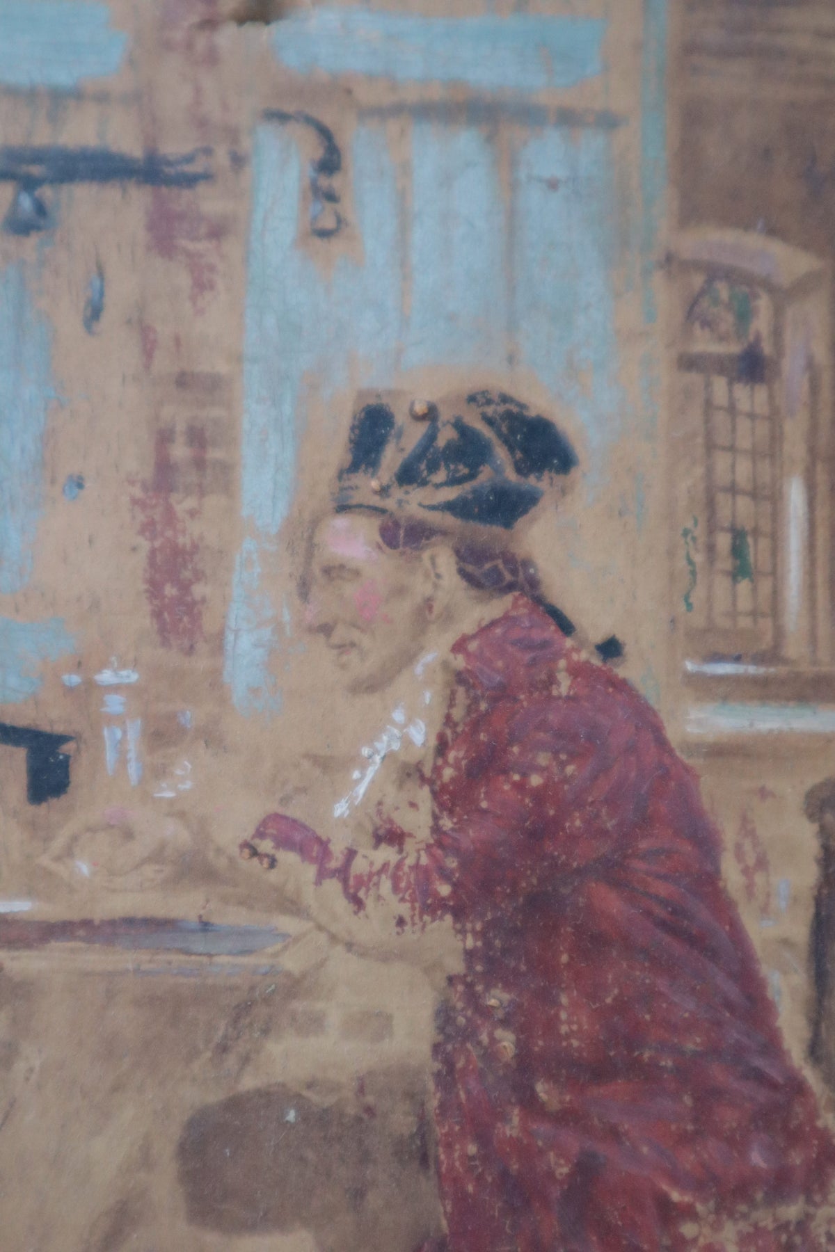 Vintage oil painting RSC theatre prop of two figures outside a tavern