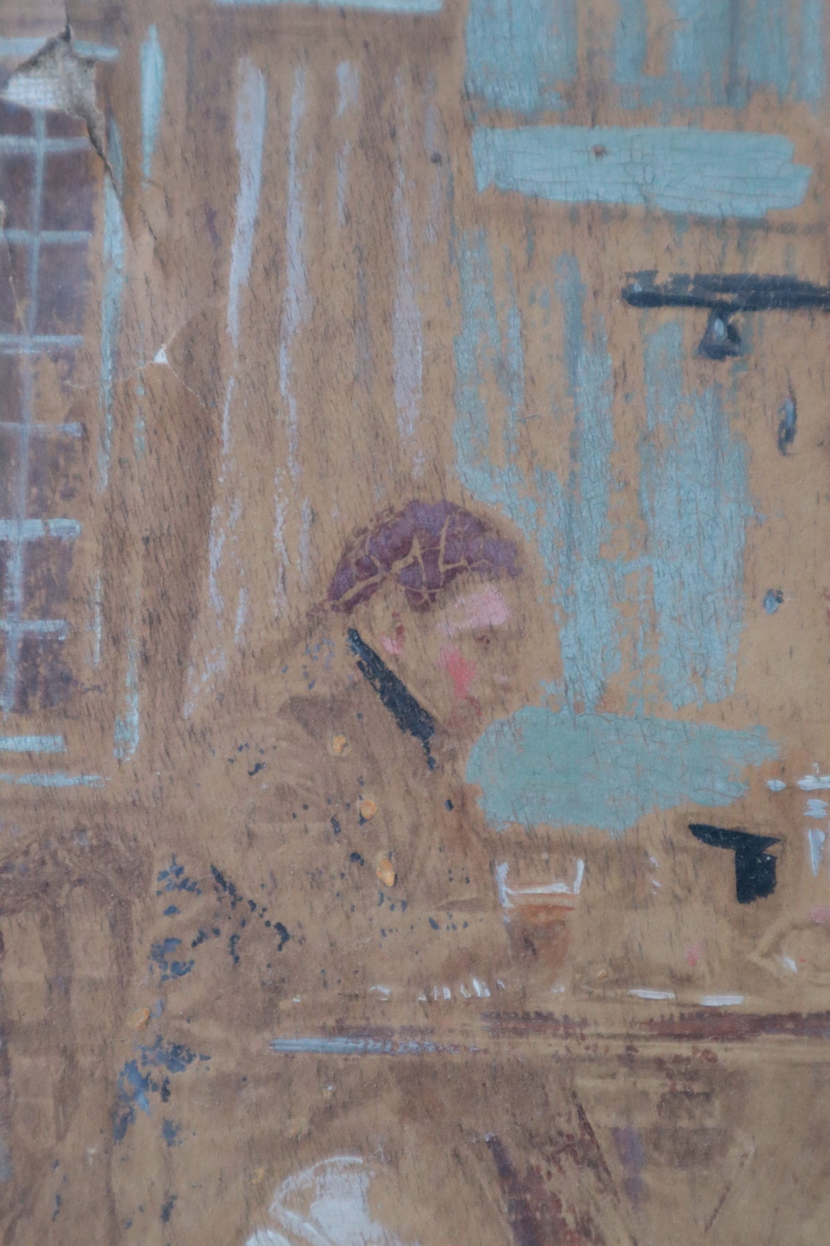 Vintage oil painting RSC theatre prop of two figures outside a tavern