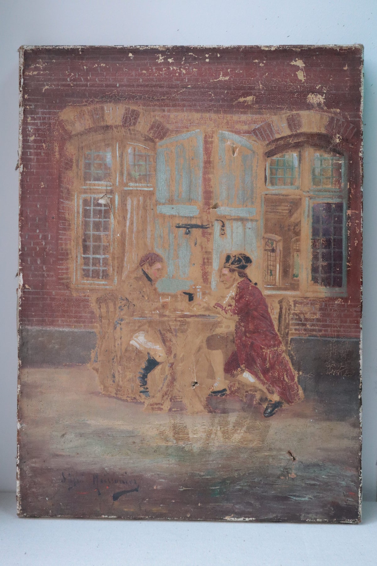 Vintage oil painting RSC theatre prop of two figures outside a tavern