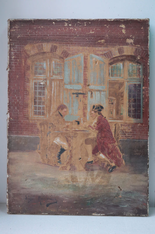 Vintage oil painting RSC theatre prop of two figures outside a tavern