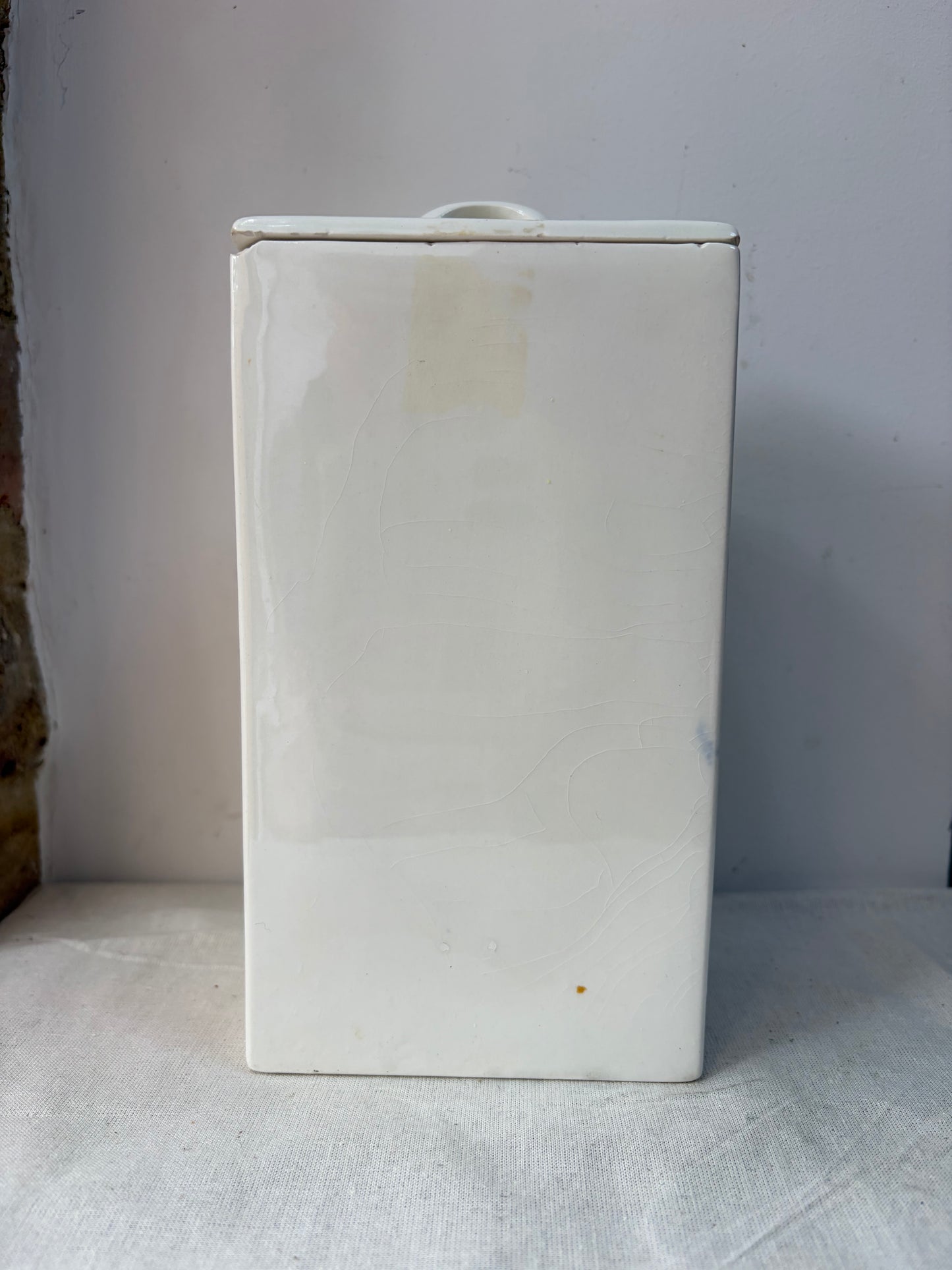 A pair of white kitchen storage jars  with blue decorative borders and labels reading 'OATMEAL' and 'FLOUR'. 