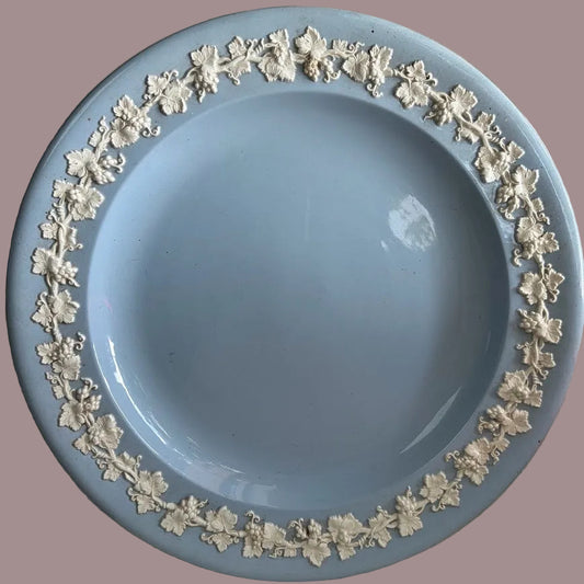 A round light blue plate with a raised cream-colored floral border around the rim, shown against a solid bright yellow background.